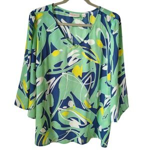 Belle by Kim Gravel‎ Blouse Women's XL Green Blue Abstract Paint Splash Workwear